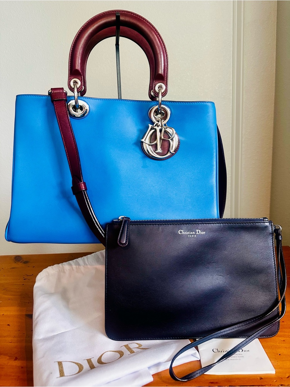 Christian Dior Blue/Navy Diorissimo Tote w/Burgundy Handles and Navy Pouch
